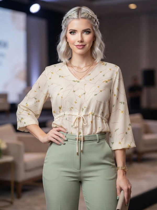Blusa Estampada de Corte Romántico con Cordón Ajustable y Escote en V