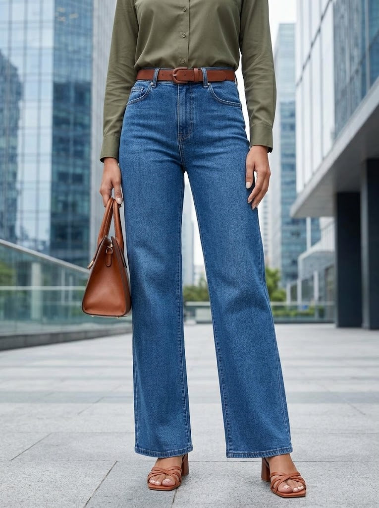 Pantalón Jeans Rectos Tiro Alto Azul Medio - Se Busca