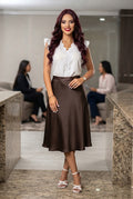Falda Midi Elegante Satinada de Corte Acampanado- Marron