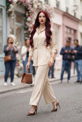 Conjunto Elegante de Blusón con Cinto y Pantalón Wide Leg- Beige / Crema