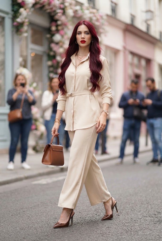 Conjunto Elegante de Blusón con Cinto y Pantalón Wide Leg- Beige / Crema