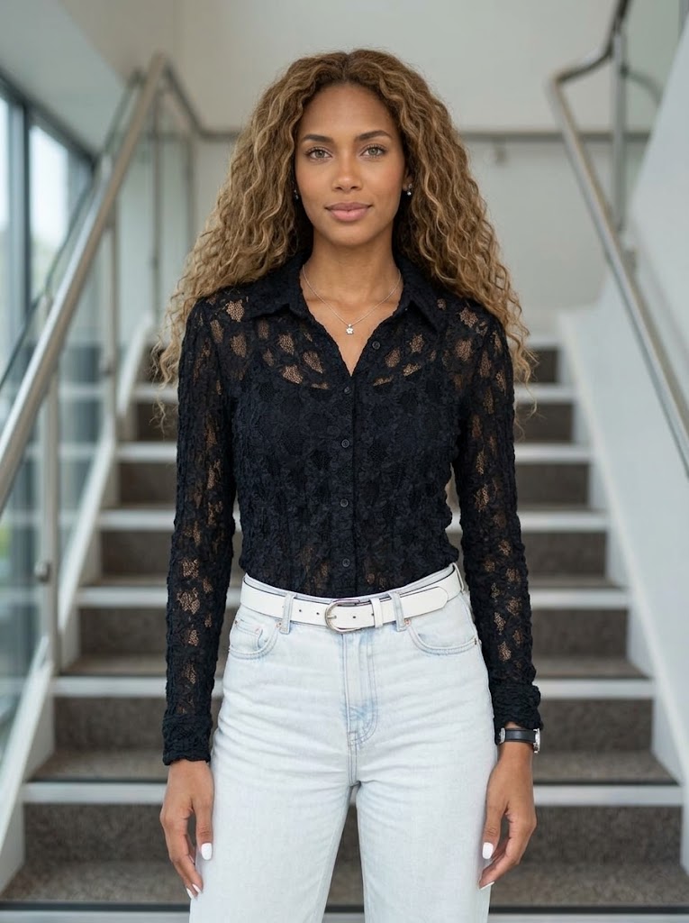 Camisa Manga Larga de Encaje Negro con Textura