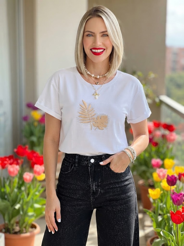 Camisa Casual Elegante con Detalle Tropical Dorado - Blanco