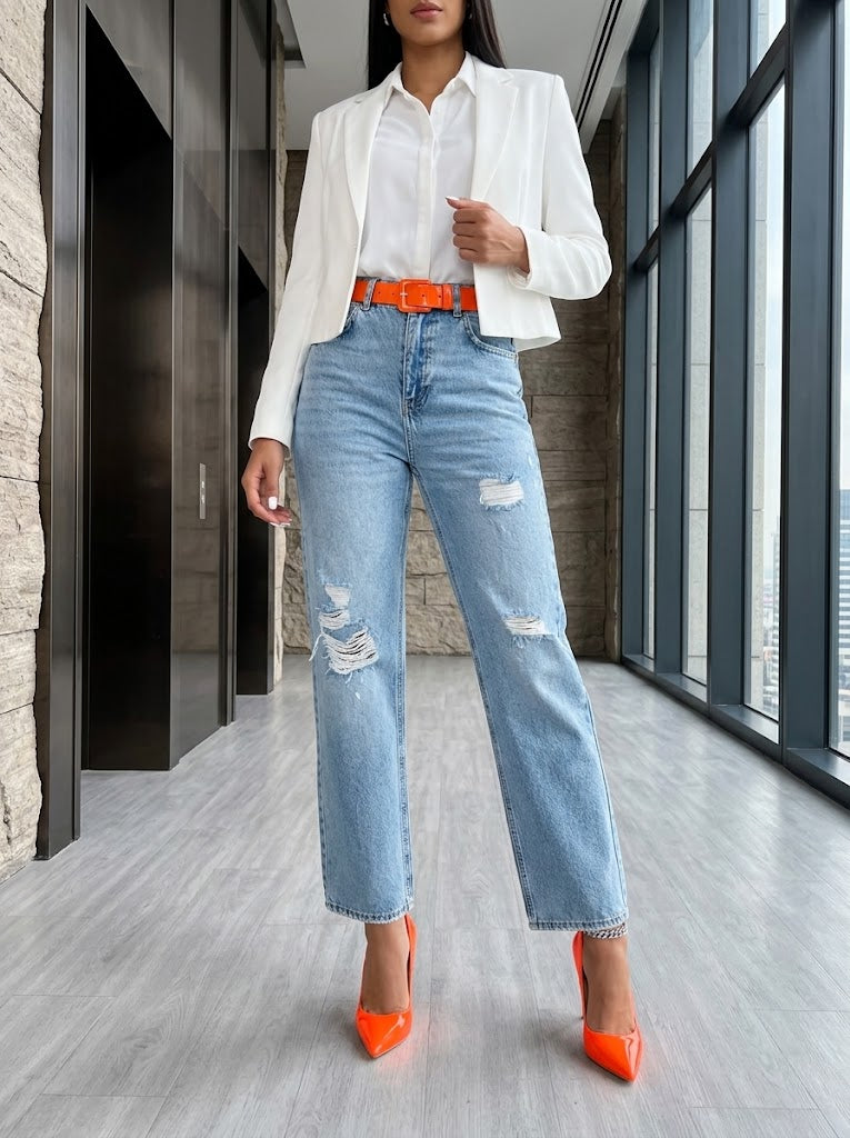 Pantalón Jean Claro con corte wide Leg / Bota ancha recta - DENIM