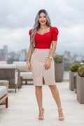 Falda Midi Tubo Elegante con Abertura Frontal- Beige