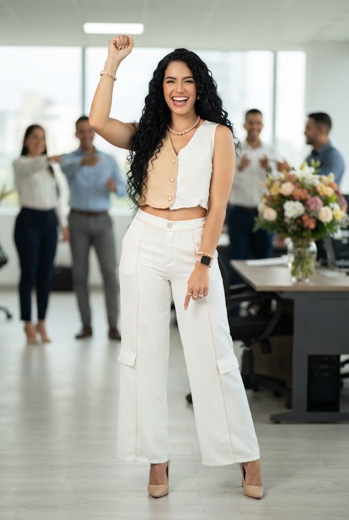 Conjunto Ejecutivo (Top Asimétrico y Pantalón Wide Leg con Detalles Dorados)