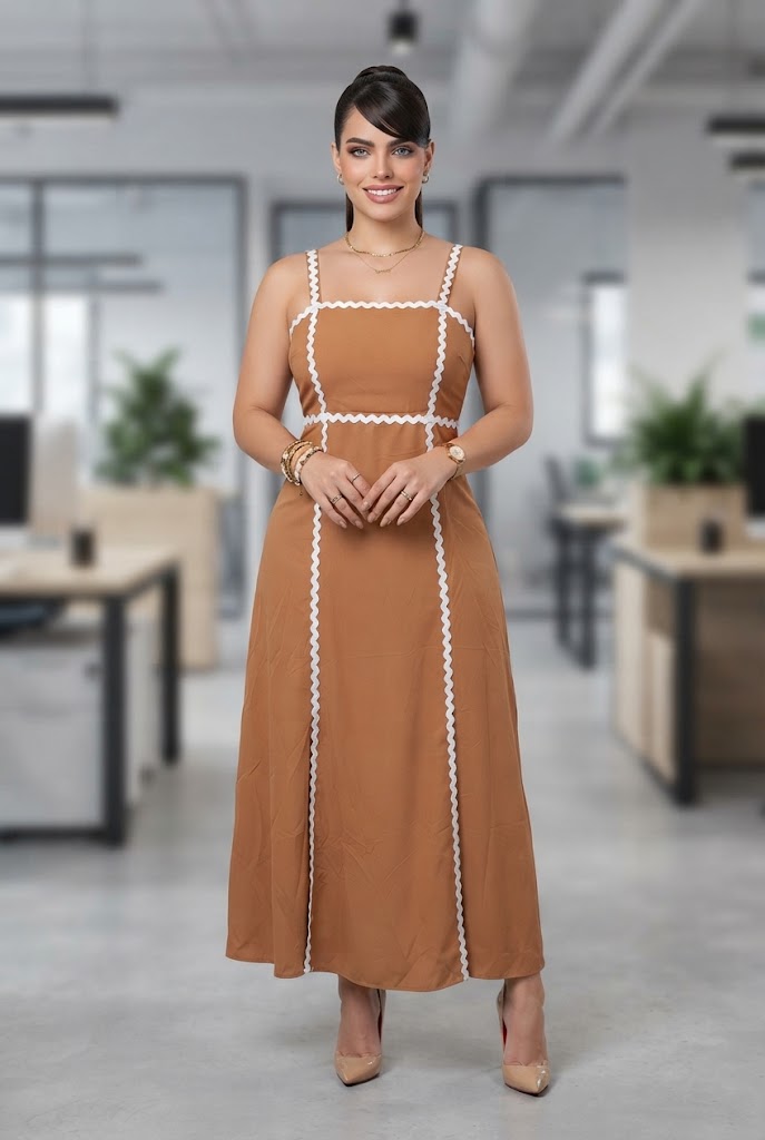 Vestido Midi con Ribetes Ondulados y Tirantes Finos