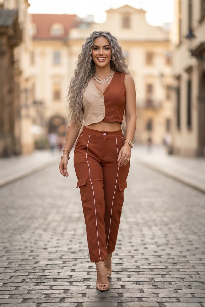 Conjunto Ejecutivo (Top Asimétrico y Pantalón Wide Leg con Detalles Dorados)