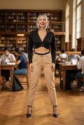 Pantalón Sastrero Clásico Beige con Detalle de Pretina en Contraste