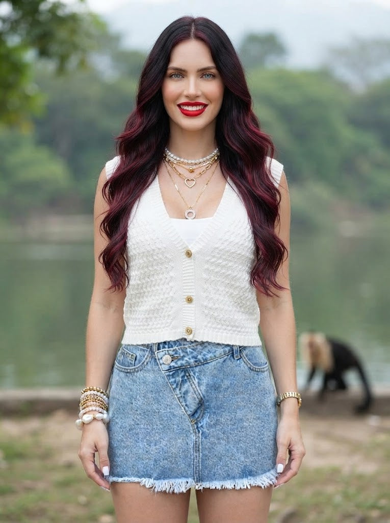 Chaleco Tejido de V-Neck con Botones de Madera - Blanco