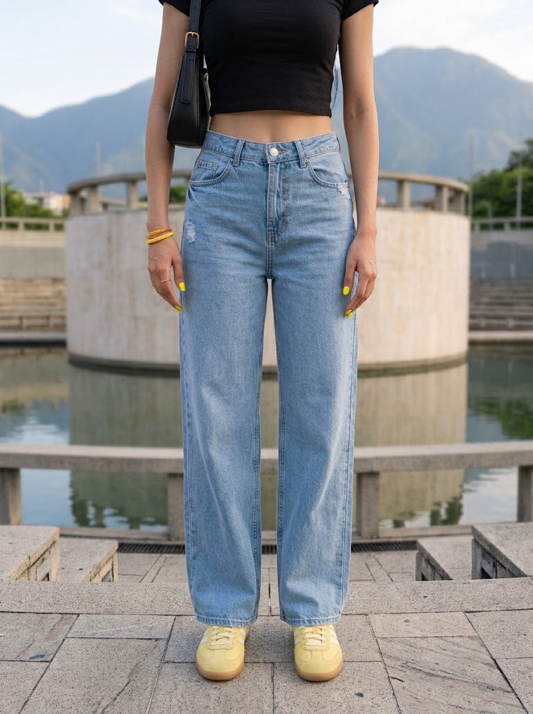 Pantalón Jeans Wide Leg Tiro Alto en Lavado Medio - ST BENEDICT