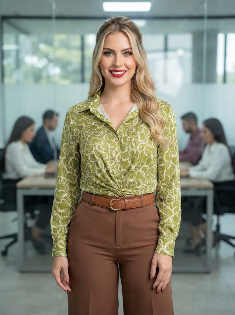Blusa Elegante Estampado Geométrico Verde – Estilo Ejecutivo y Casual Chic