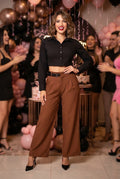Pantalón Formal de Tiro Alto con Pliegues y Cinturón Estructurado - Marrón