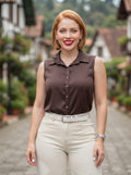 Camisa sin Mangas Satinada "Chic Elegance"- Marrón