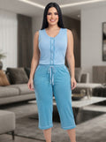 Pijama Capri Confort de Dos Piezas (Top con Botones y Pantalón Capri) – Azul