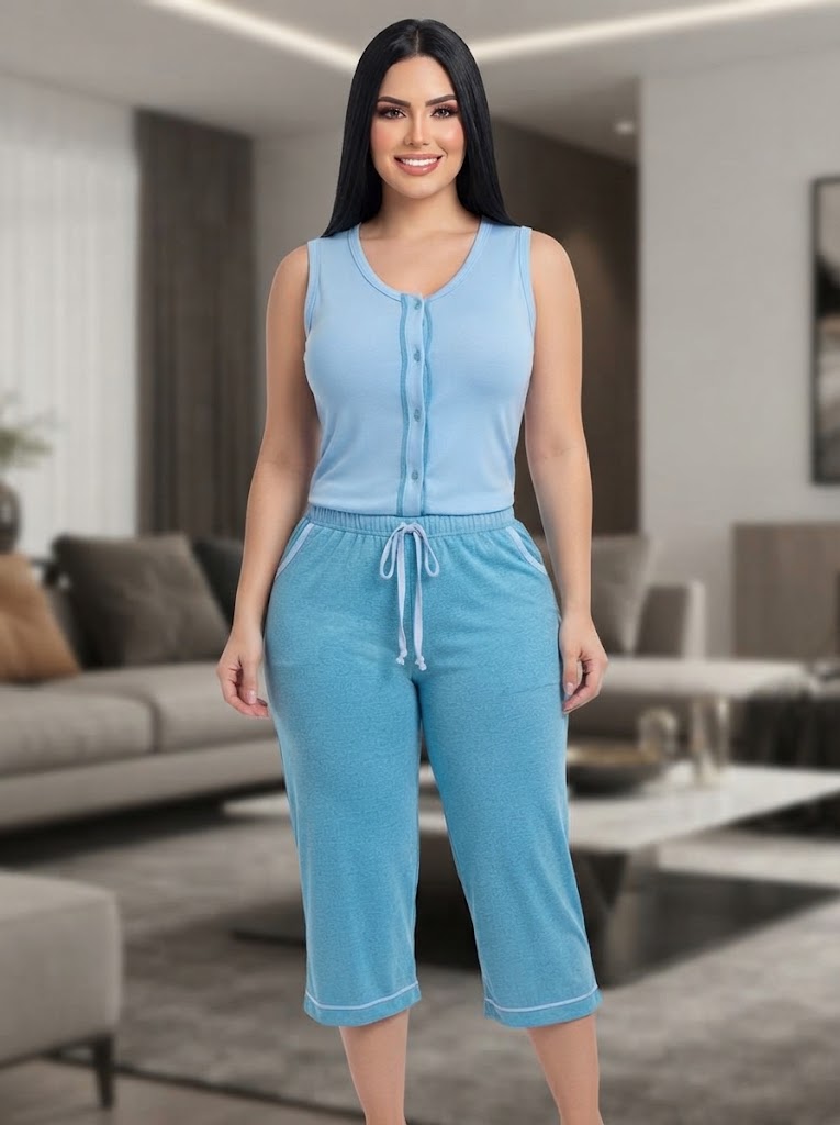 Pijama Capri Confort de Dos Piezas (Top con Botones y Pantalón Capri) – Azul
