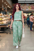 Conjunto de Blusa Sin Mangas y Pantalón Casual Estampado con Bordados — Verde Menta