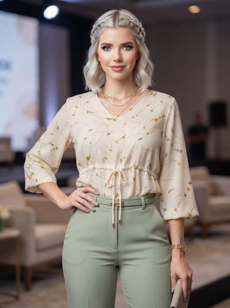 Blusa Estampada de Corte Romántico con Cordón Ajustable y Escote en V