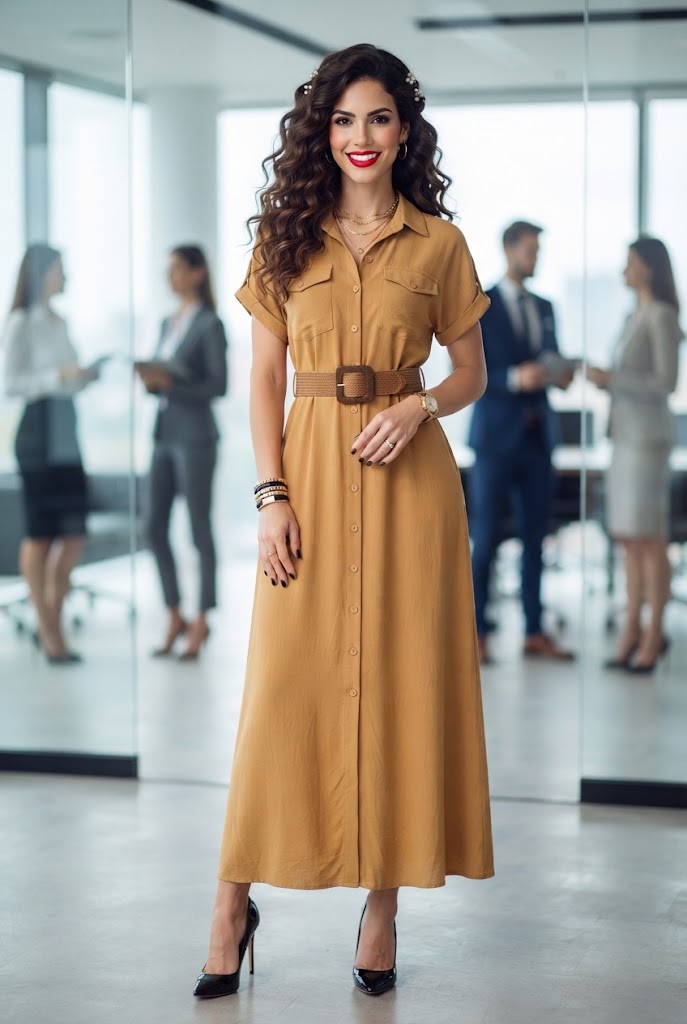 Vestido Midi Camisero con Cinturón Texturizado