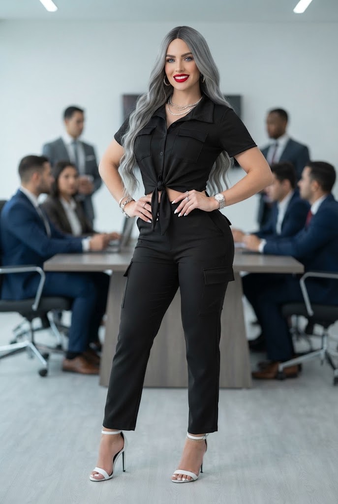 Conjunto Ejecutivo de Dos Piezas "Negro" – Crop Top con Nudo y Pantalón Cargo.