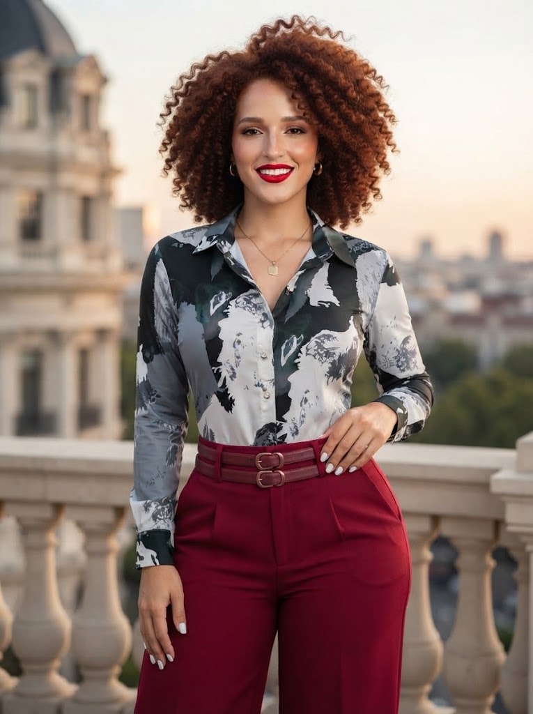 Camisa Satinada Estampada Abstracta — Elegancia y Estilo Vanguardista