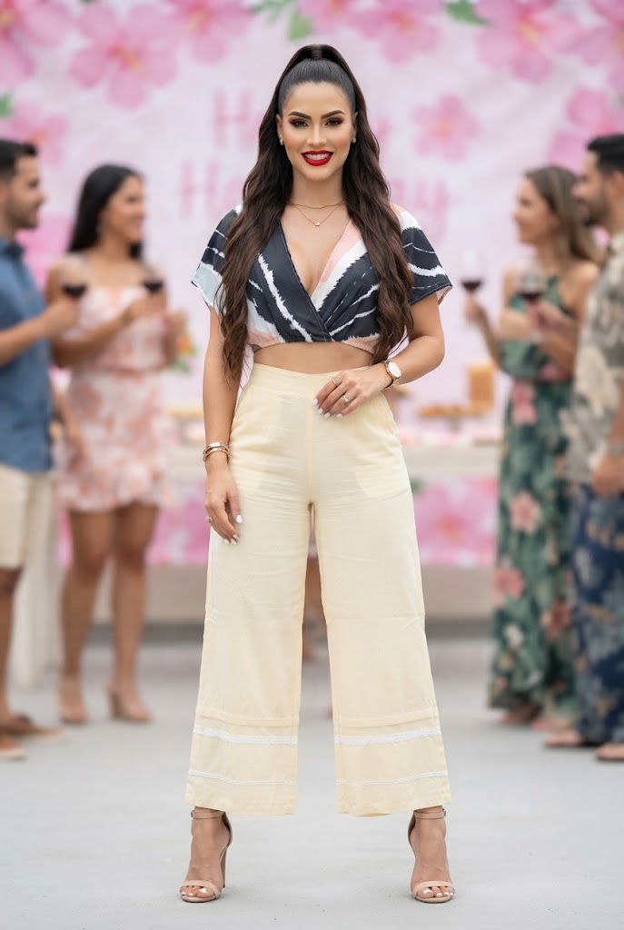 Conjunto Casual Tropical : Crop Top Estampado y Pantalón Ancho con Encaje