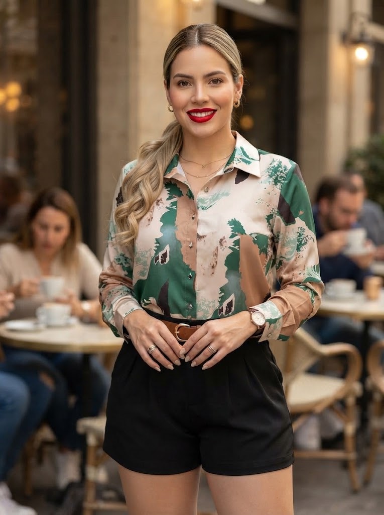 Blusa Estampada Abstracta "Naturaleza Urbana" (Tonos Verdes y Tierra)