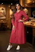 Vestido Midi Camisero con Cinturón – Color Vino