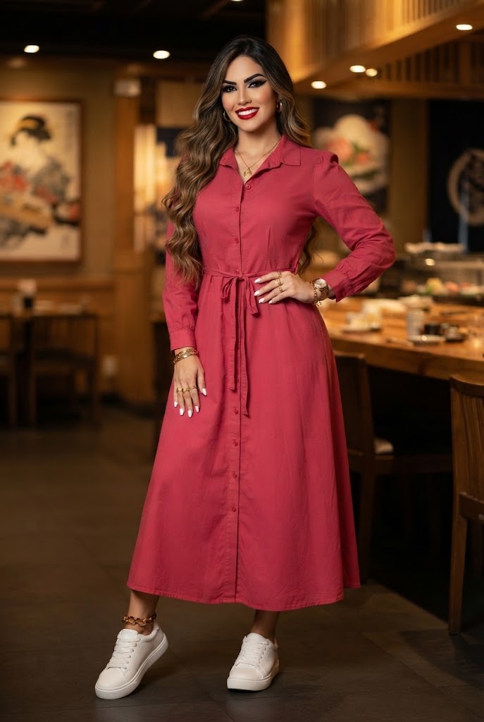 Vestido Midi Camisero con Cinturón – Color Vino