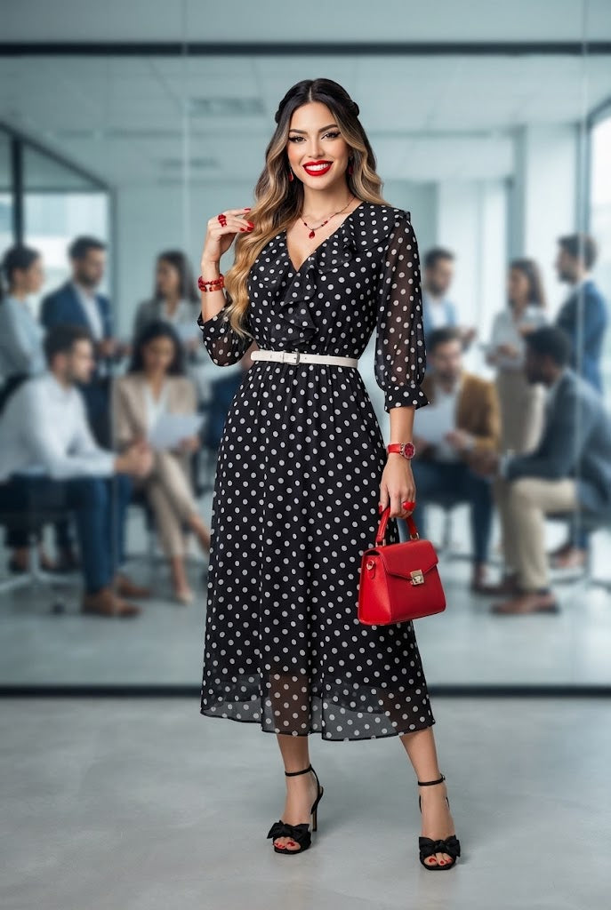 Vestido Midi de Topos con Volantes y Cuello Camisero