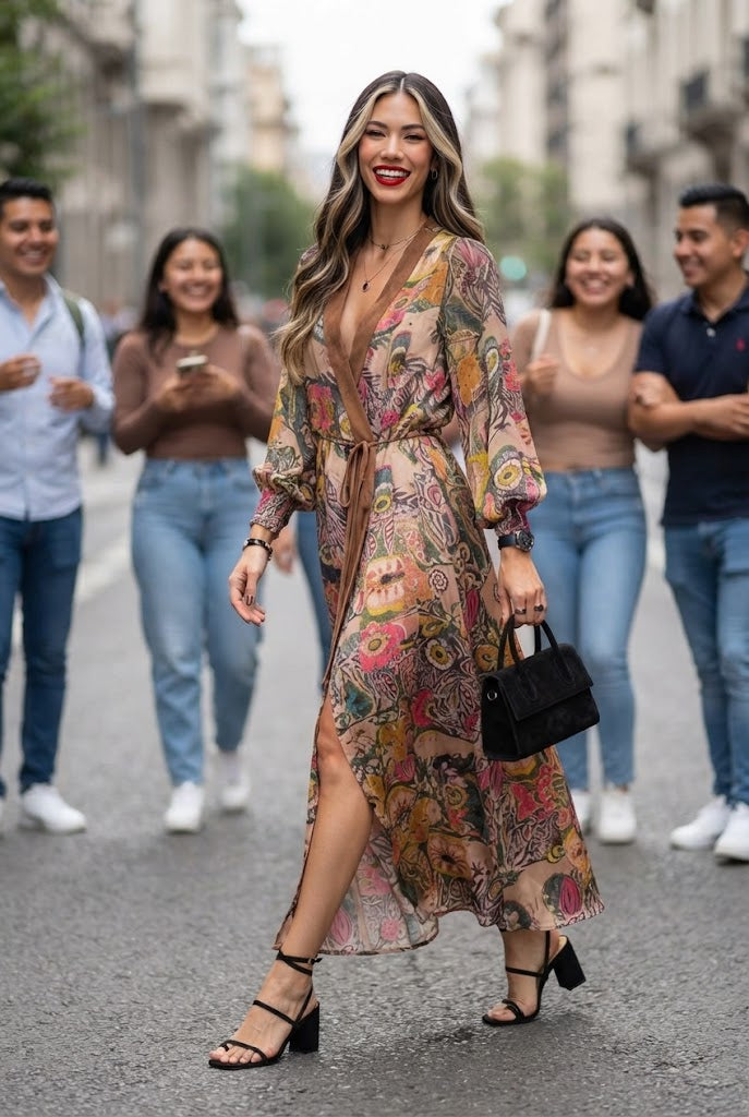 Vestido Largo Estampado Boho-Chic con Detalles en Tonos Tierra
