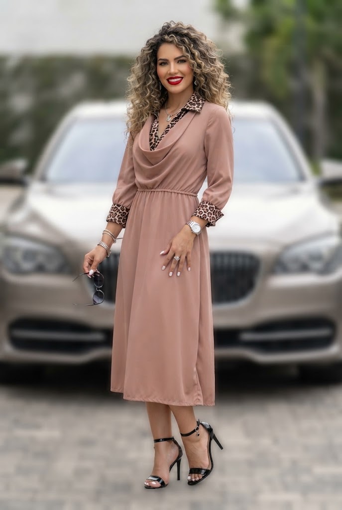 Vestido Midi Elegante con Detalles en Animal Print