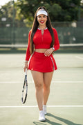 Conjunto Deportivo de Crop Top y Falda Short con Cierre - Rojo Pasión