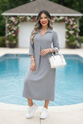 Vestido Midi Casual Elegante Gris con Cuello Camisero y Detalle Frontal