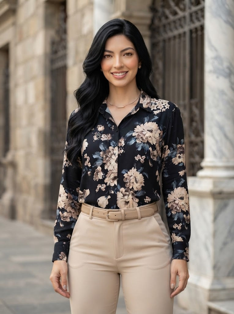 Camisa Floral Nocturna con Estampado Botánico y Corte Moderno