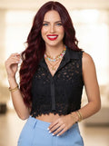Camisa de Encaje Floral con Cuello camisero y Botones (Negro)