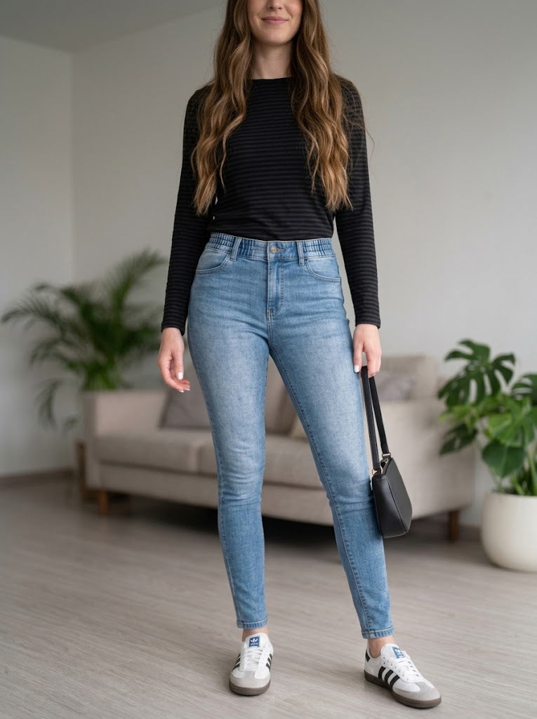 Pantalón Jean Skinny Se Busca – Cintura Elástica Arruchada en Azul Medio