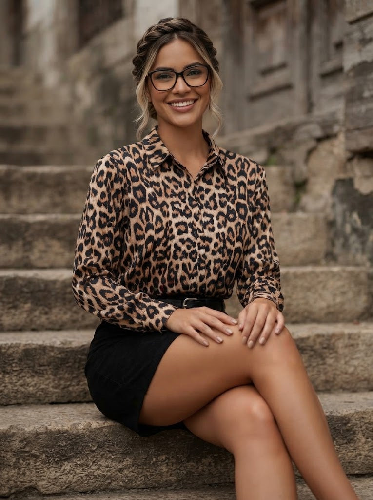 Blusa Animal Print Estilo Sofisticado con Conjunto Urbano Versátil