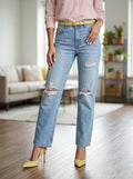 Pantalón Jeans Rectos de Tiro Alto con Roturas- DENIM