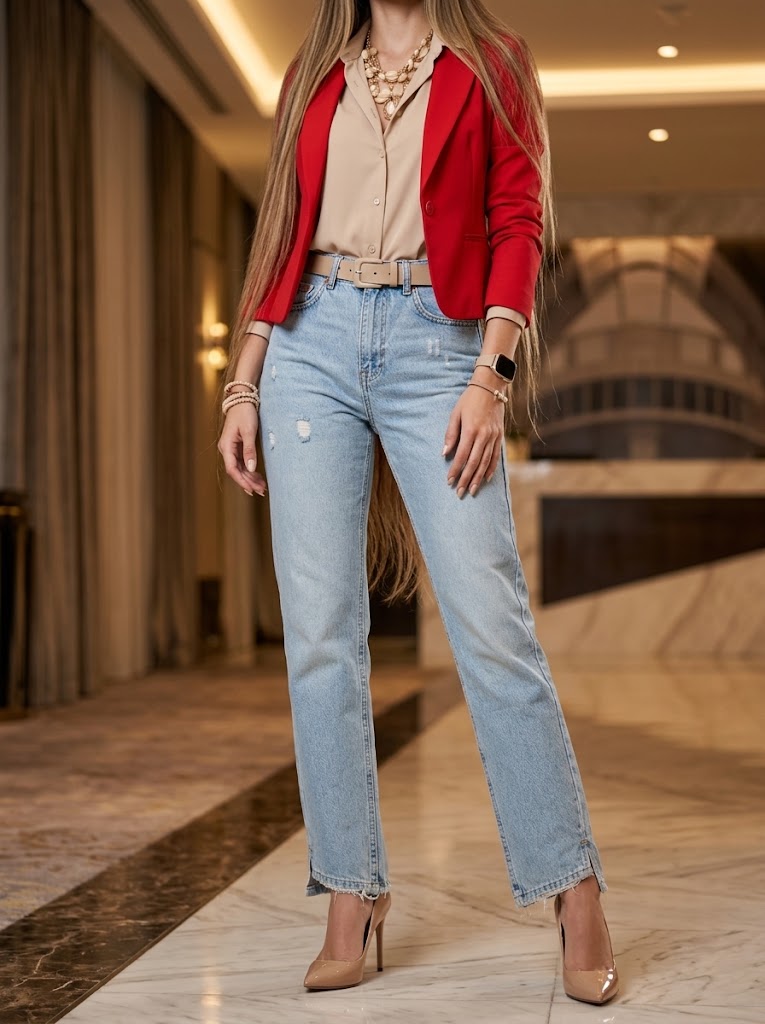 Pantalón Jeans Mom Fit / Straight Light Wash con Detalles Rotos – Stradivarius