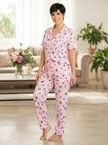 Pijama Larga de Dos Piezas con Estampado de Perritos y Corazones (Rosa)