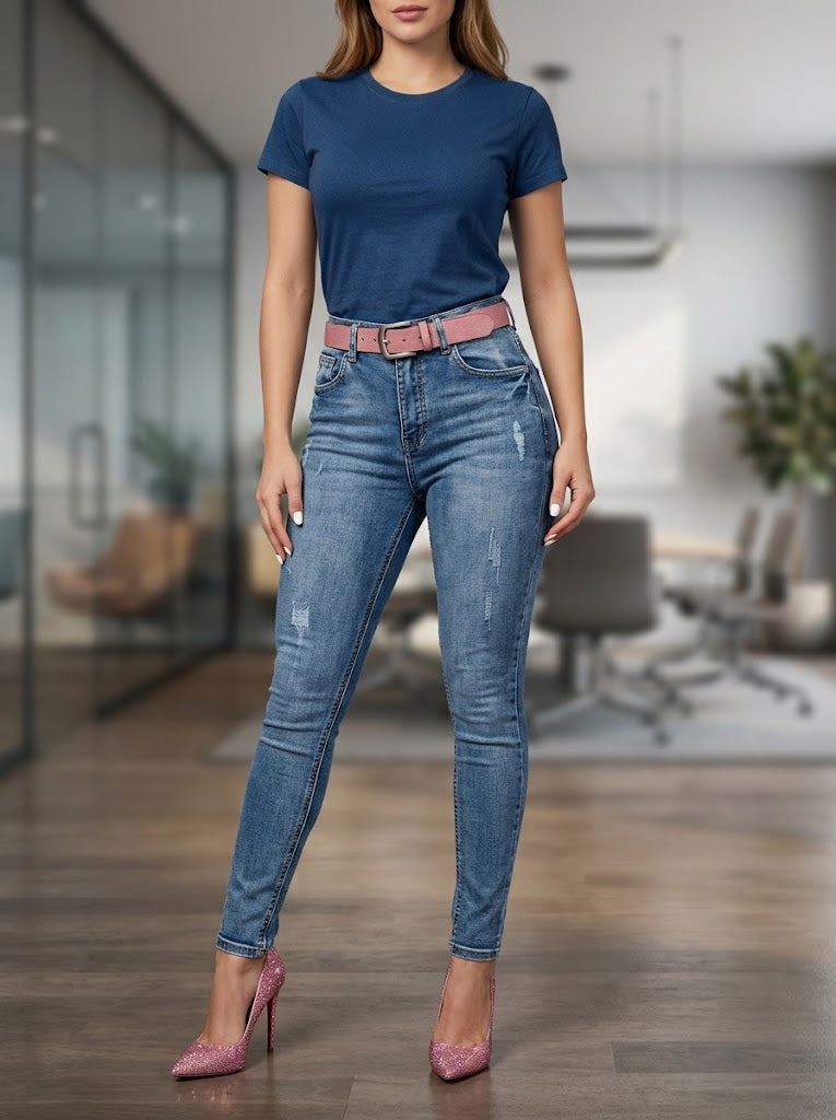 Pantalón Jean Skinny de Tiro Alto en Lavado Azul Medio - Hammer
