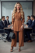 Conjunto Elegante de Blusón con Cinto y Pantalón Wide Leg- Caramel (Marrón)