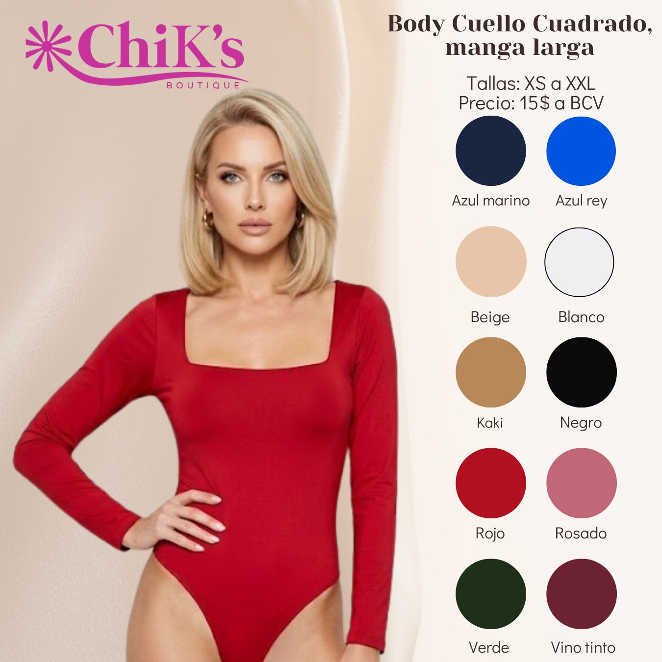 Body Manga Larga, Cuello Cuadrado, 10 Colores