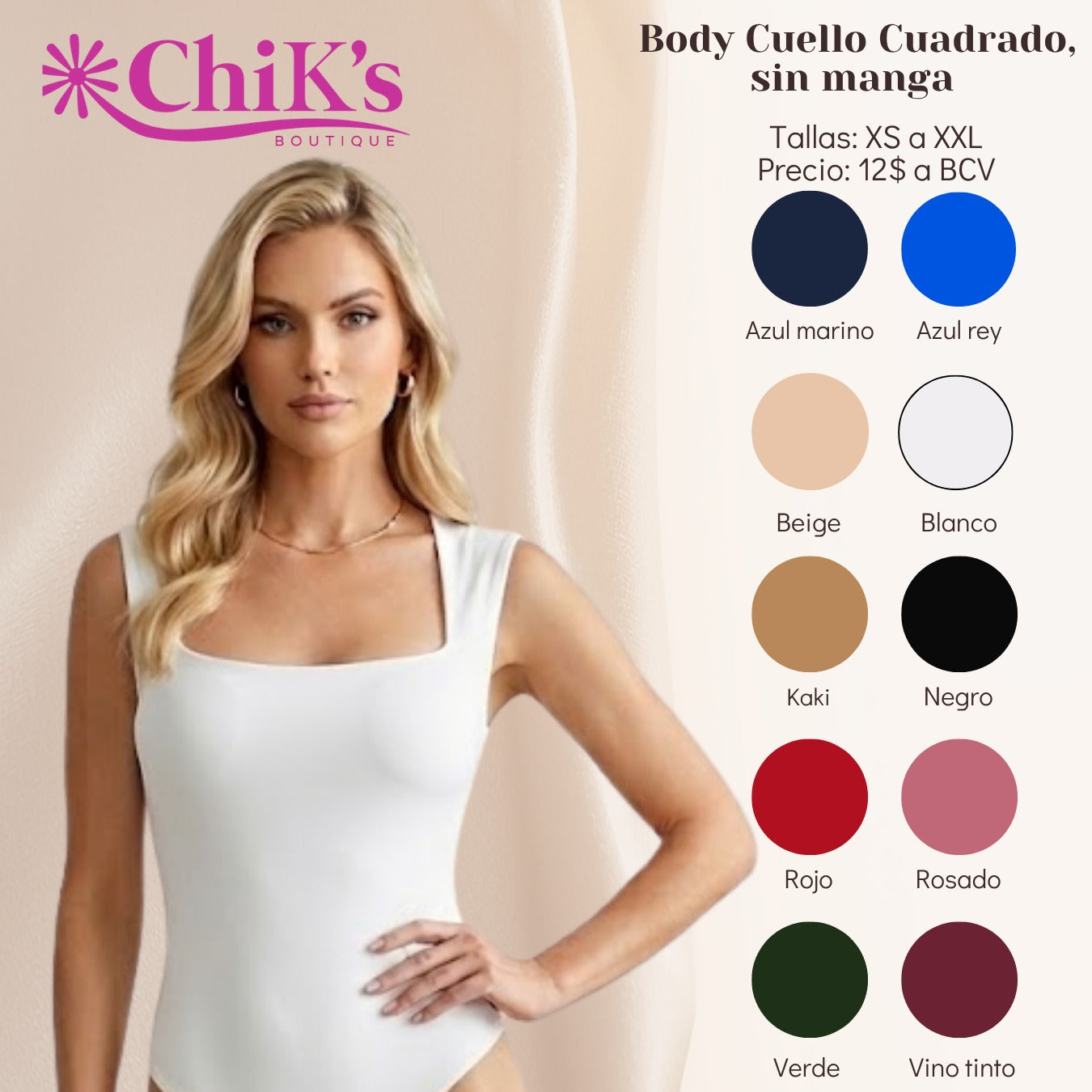 Body Sin Manga, Cuello Cuadrado, 10 colores