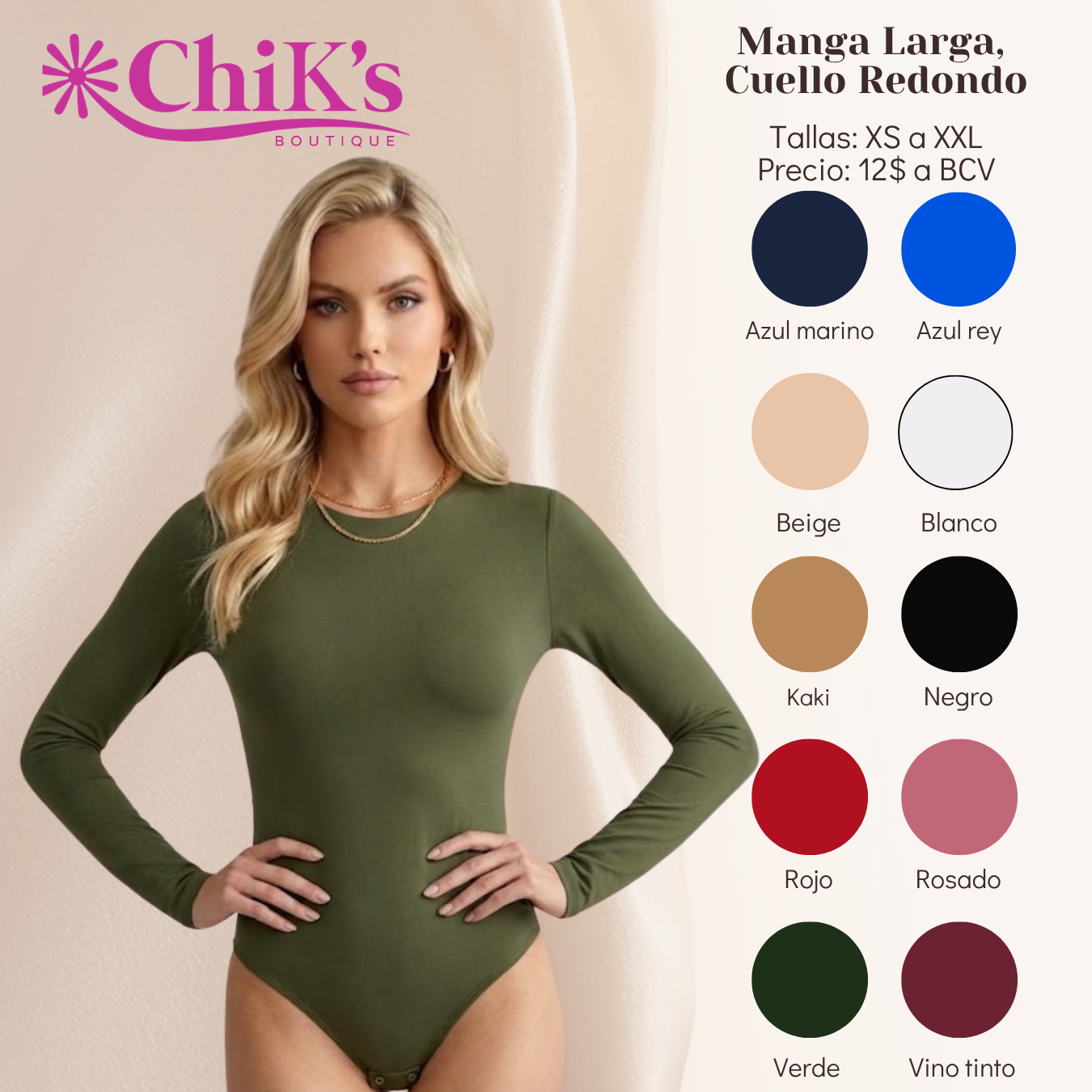Body Manga Larga Cuello Redondo, 10 Colores