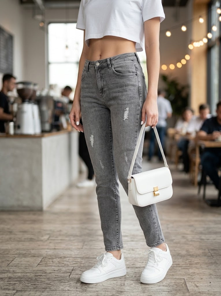 Pantalón Jean Gris para Mujer con Detalle Destruido – Most Wanted