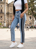 Pantalón Jean Mujer Azul Acid Wash con Franjas Laterales Deportivas – SB (Straight Fit)
