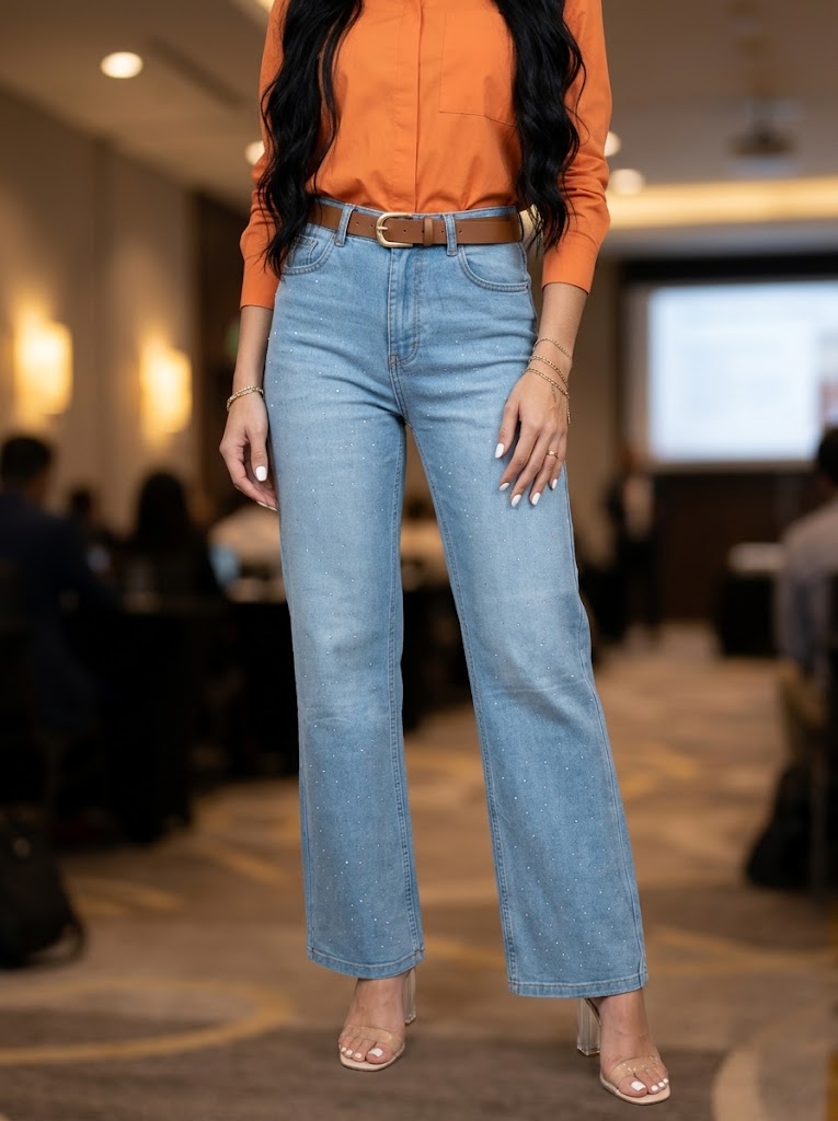 Pantalón Jeans Bootcut con detalles de pedrería SKY  – Azul medio